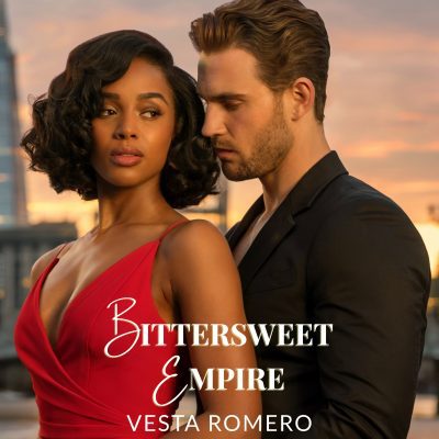 Bittersweet Empire audiobook cover by Vesta Romero. BWWM couple, her in red dress, him in black suit hugging