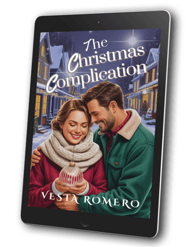The Christmas Complication ebook by Vesta Romero woman in red coat and scarf and man in green coat painterly style