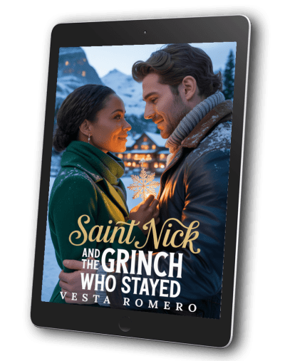 Saint Nick and the grinch who stayed cover by Vesta Romero, black woman in green coat and white guy in tan jacket