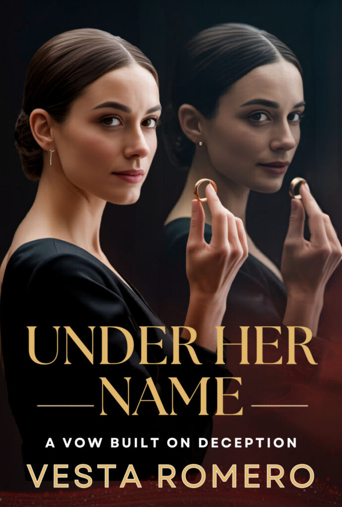 Under her Name by Vesta Romero image with woman and a mirror image slightly off. Slow burn romance ebook
