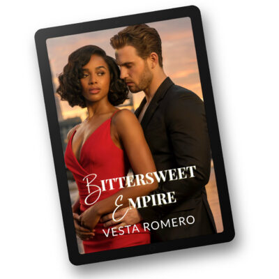 Bittersweet Empire cover by Vesta Romero. Black woman in red dress with white man in black suit behind her, arms locked