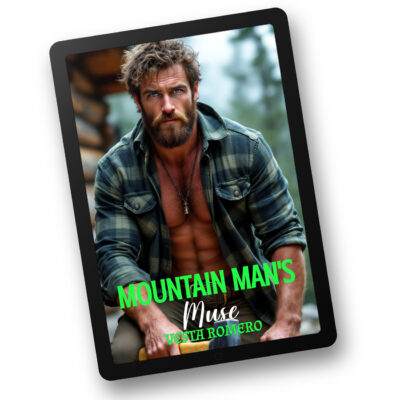 Mountain Man's Muse - Vesta Romero with man in plaid green shirt with cabin and mountain backdrop