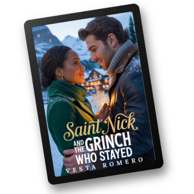 Saint Nick and the grinch who stayed cover by Vesta Romero, black woman in green coat and white guy in tan jacket