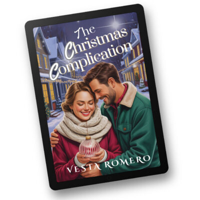 The Christmas Complication ebook by Vesta Romero woman in red coat and scarf and man in green coat painterly style